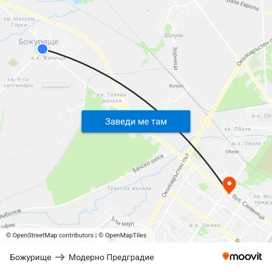 Божурище to Модерно Предградие map