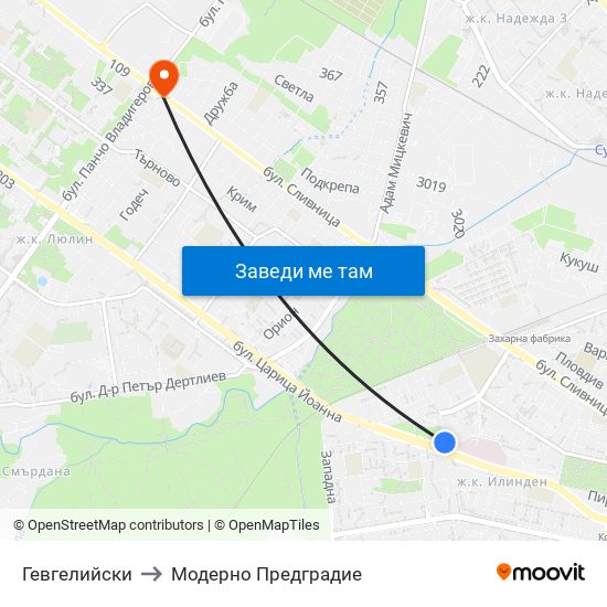 Гевгелийски to Модерно Предградие map