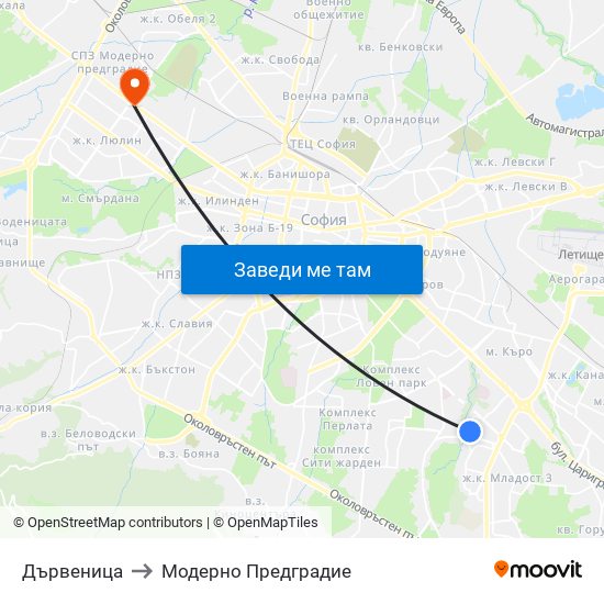 Дървеница to Модерно Предградие map