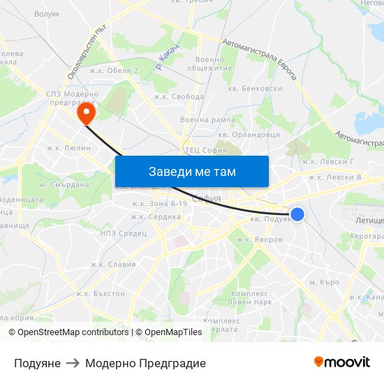 Подуяне to Модерно Предградие map