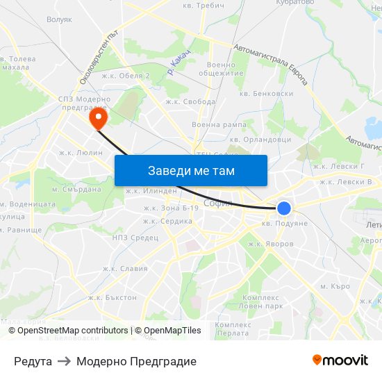 Редута to Модерно Предградие map