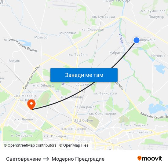 Световрачене to Модерно Предградие map