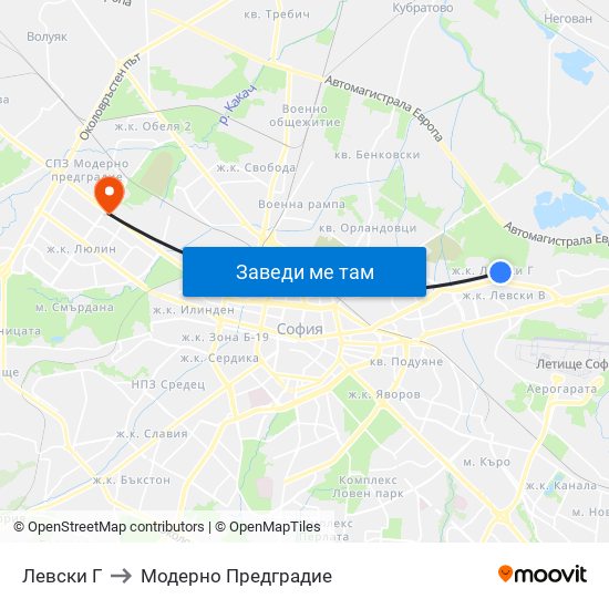 Левски Г to Модерно Предградие map