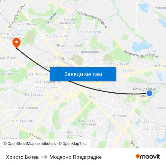 Христо Ботев to Модерно Предградие map