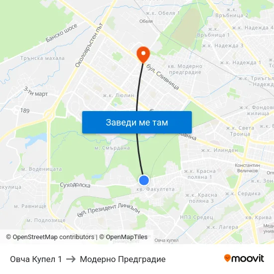 Овча Купел 1 to Модерно Предградие map