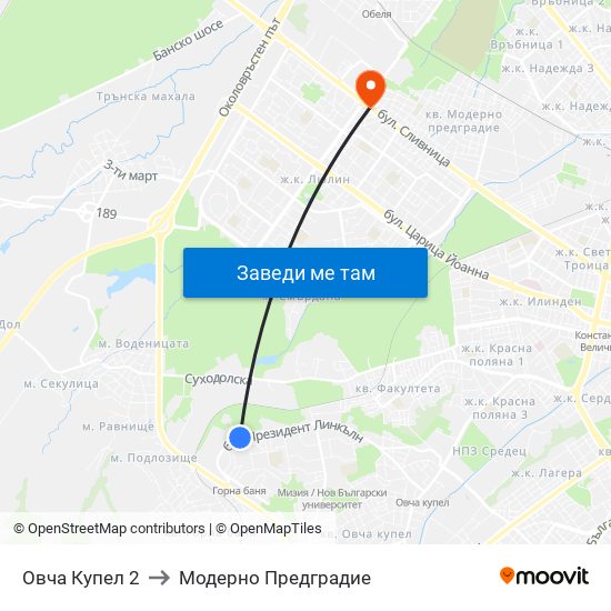 Овча Купел 2 to Модерно Предградие map