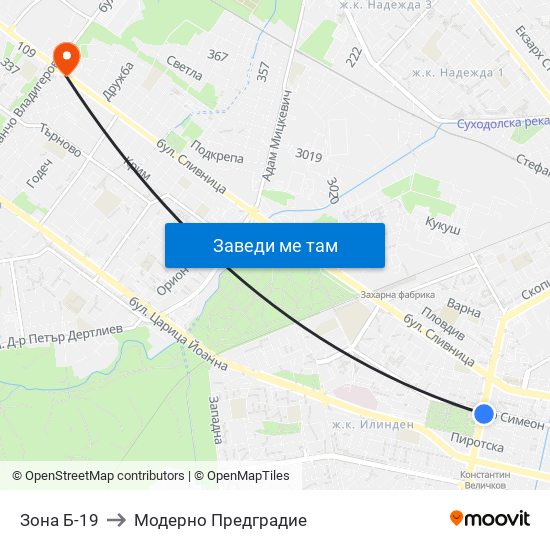 Зона Б-19 to Модерно Предградие map