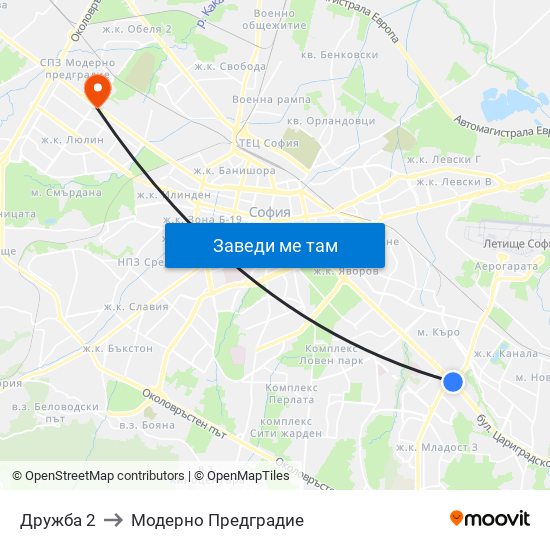 Дружба 2 to Модерно Предградие map