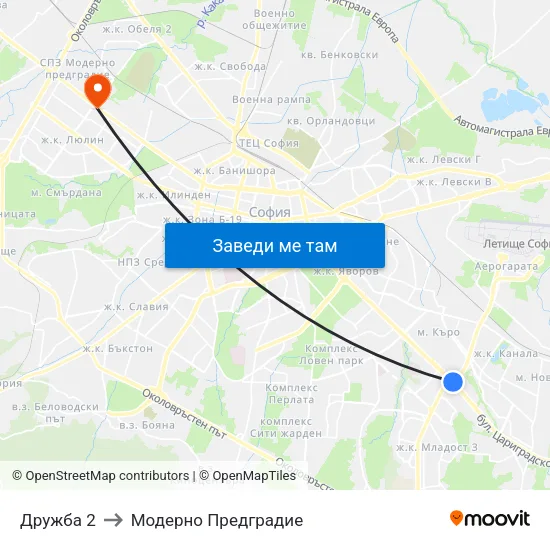 Дружба 2 to Модерно Предградие map
