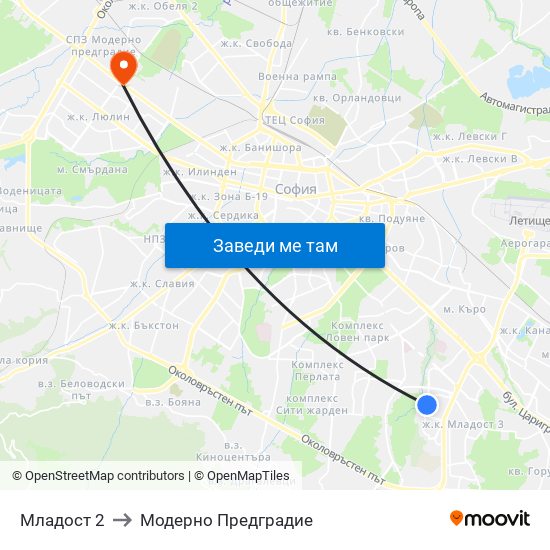 Младост 2 to Модерно Предградие map