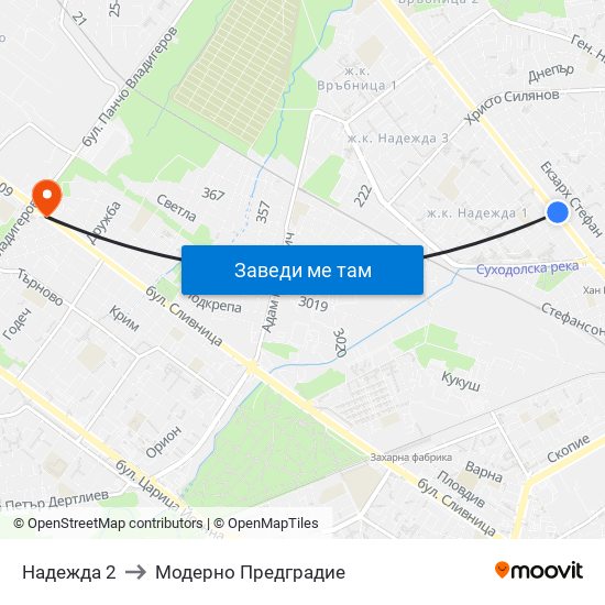 Надежда 2 to Модерно Предградие map