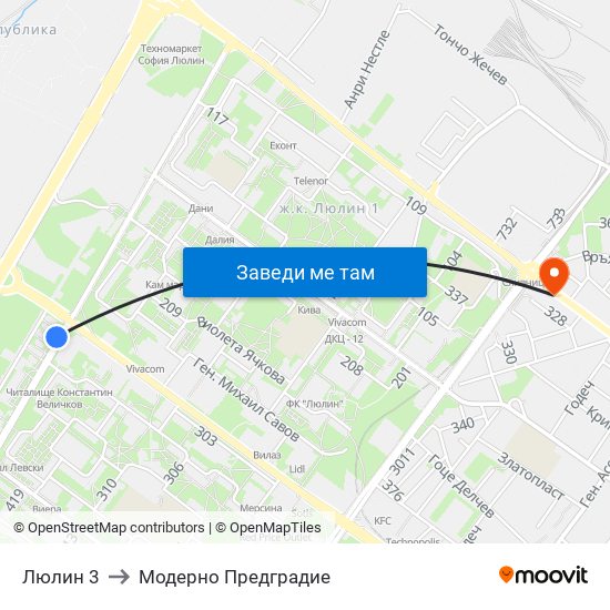 Люлин 3 to Модерно Предградие map