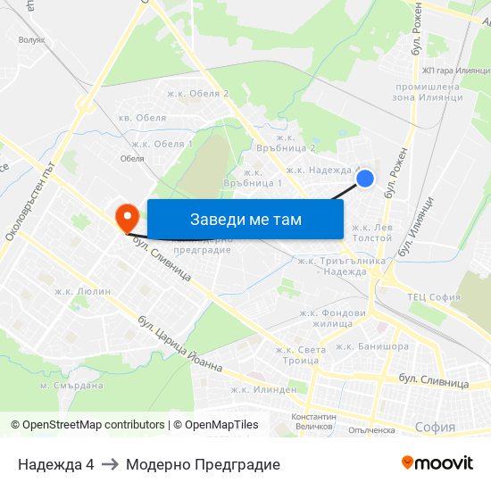 Надежда 4 to Модерно Предградие map