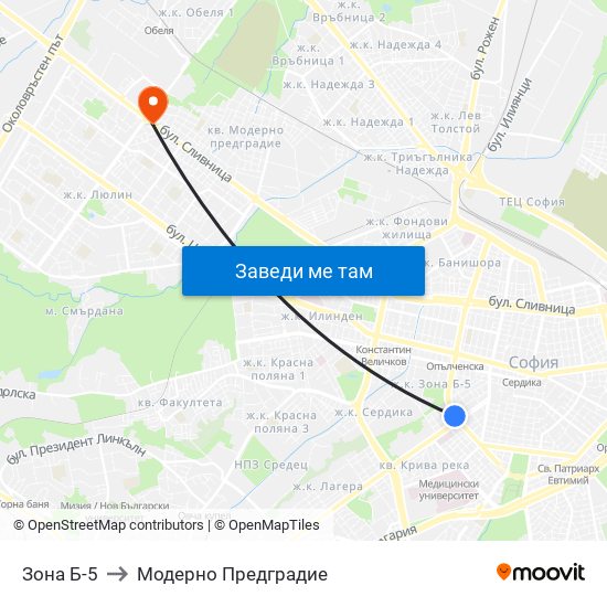 Зона Б-5 to Модерно Предградие map