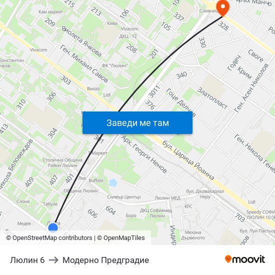 Люлин 6 to Модерно Предградие map