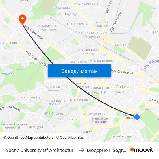 Уасг / University Of Architecture (0387) to Модерно Предградие map