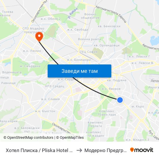 Хотел Плиска / Pliska Hotel (2326) to Модерно Предградие map