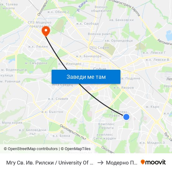 Мгу Св. Ив. Рилски / University Of Mining And Geology (1033) to Модерно Предградие map