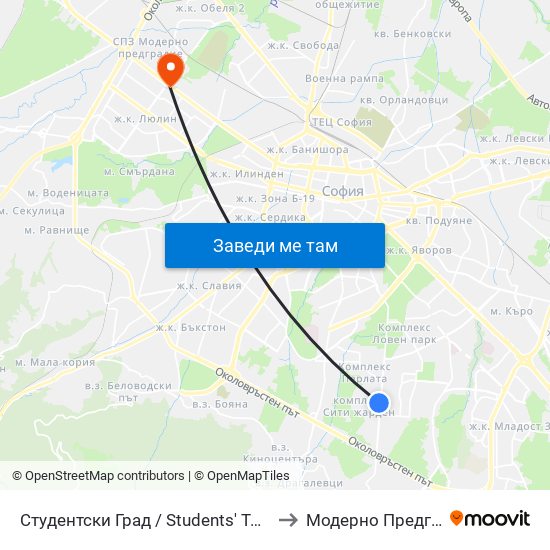 Студентски Град / Students' Town (2382) to Модерно Предградие map