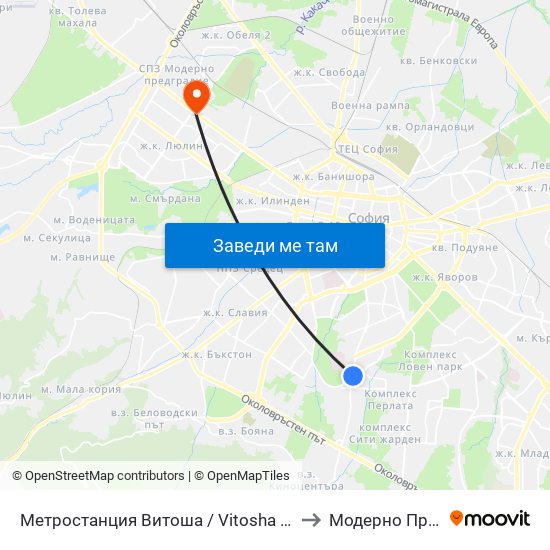 Метростанция Витоша / Vitosha Metro Station (2654) to Модерно Предградие map