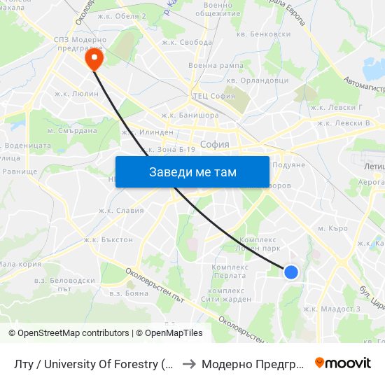 Лту / University Of Forestry (0614) to Модерно Предградие map