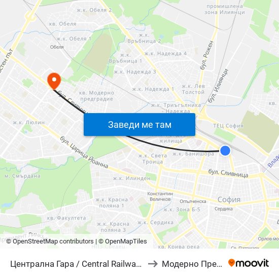 Централна Гара / Central Railway Station (1327) to Модерно Предградие map