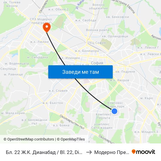Бл. 22 Ж.К. Дианабад / Bl. 22, Dianabad Qr. (0124) to Модерно Предградие map