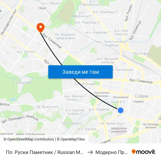 Пл. Руски Паметник / Russian Monument Sq. (1295) to Модерно Предградие map