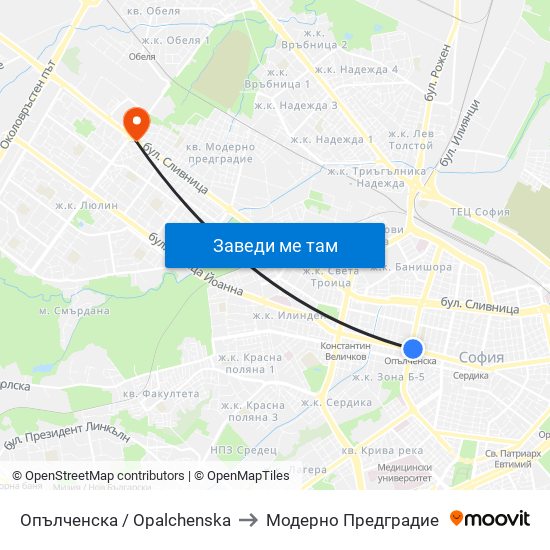 Опълченска / Opalchenska to Модерно Предградие map