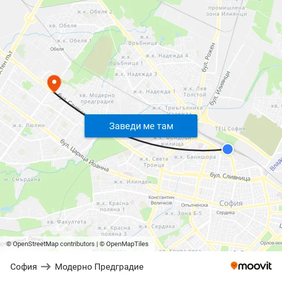София to Модерно Предградие map