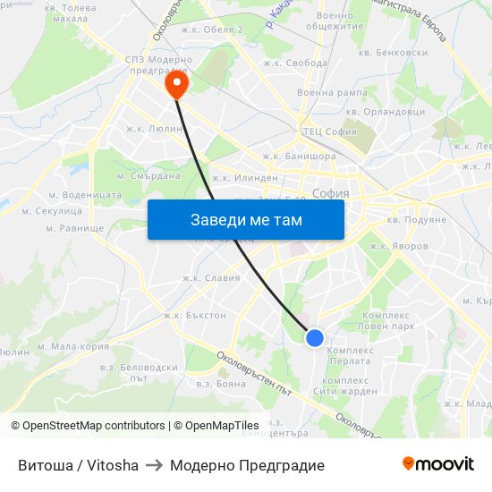 Витоша / Vitosha to Модерно Предградие map