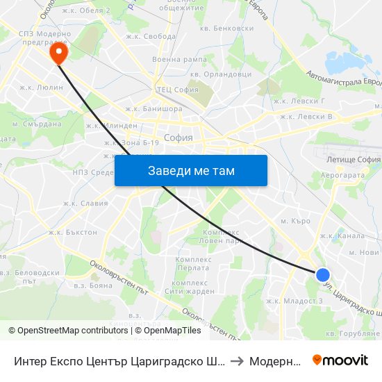 Интер Експо Център Цариградско Шосе / Inter Expo Center – Tsarigradsko Shose to Модерно Предградие map
