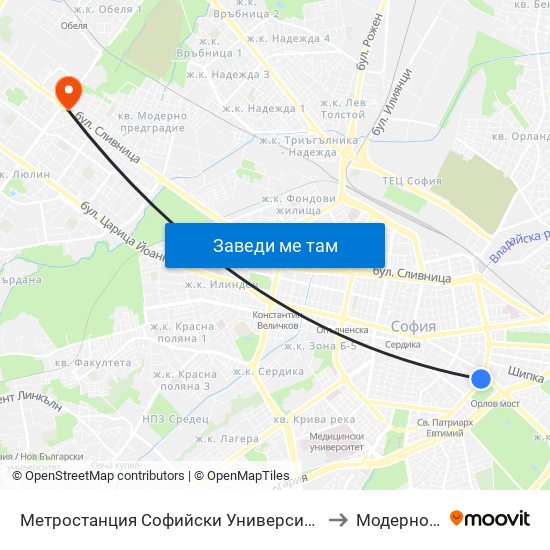 Метростанция Софийски Университет / Sofia University Metro Station (2827) to Модерно Предградие map