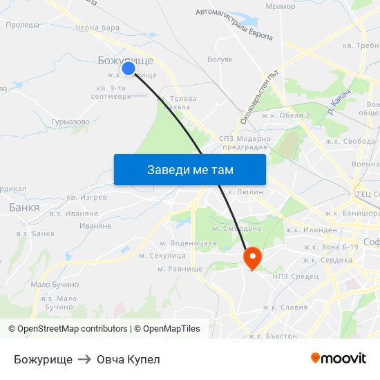 Божурище to Овча Купел map