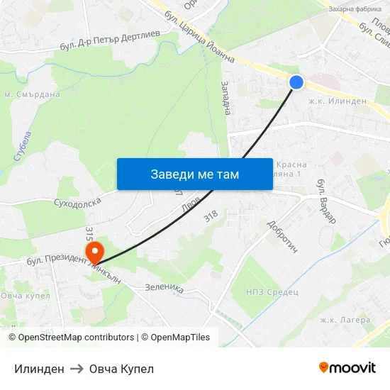 Илинден to Овча Купел map