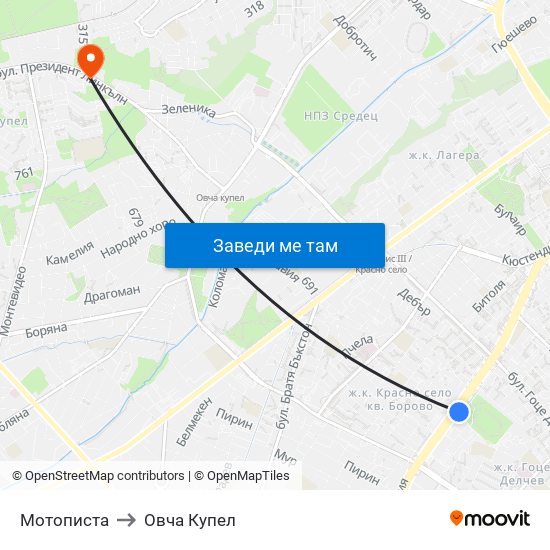 Мотописта to Овча Купел map