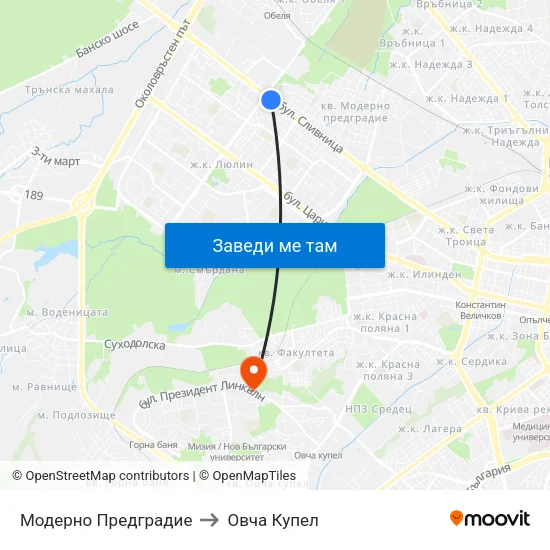 Модерно Предградие to Овча Купел map