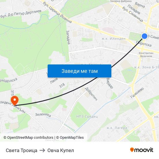 Света Троица to Овча Купел map