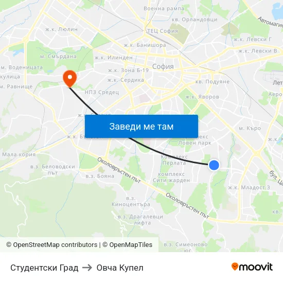 Студентски Град to Овча Купел map