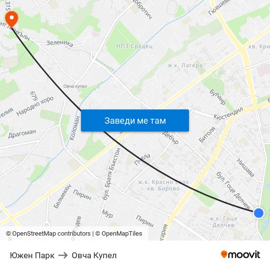 Южен Парк to Овча Купел map