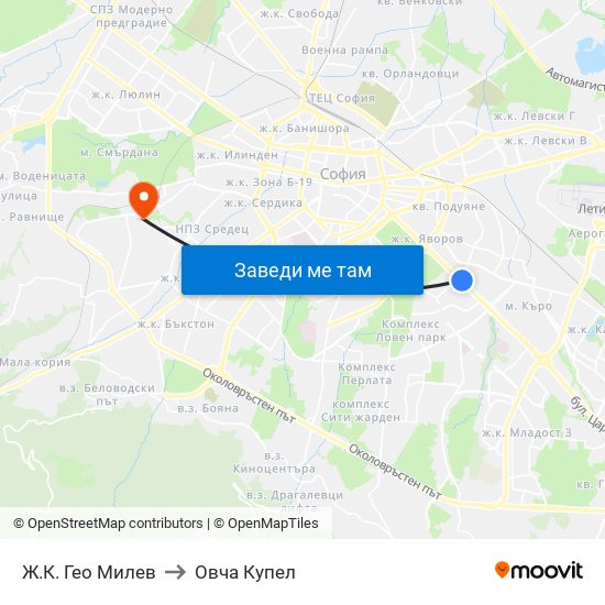 Ж.К. Гео Милев to Овча Купел map