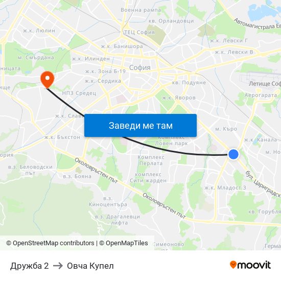 Дружба 2 to Овча Купел map