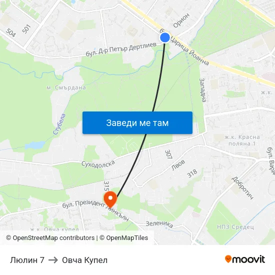 Люлин 7 to Овча Купел map