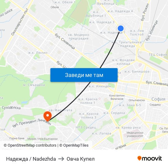Надежда / Nadezhda to Овча Купел map