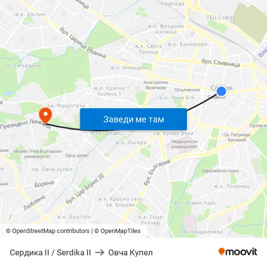 Сердика II / Serdika II to Овча Купел map