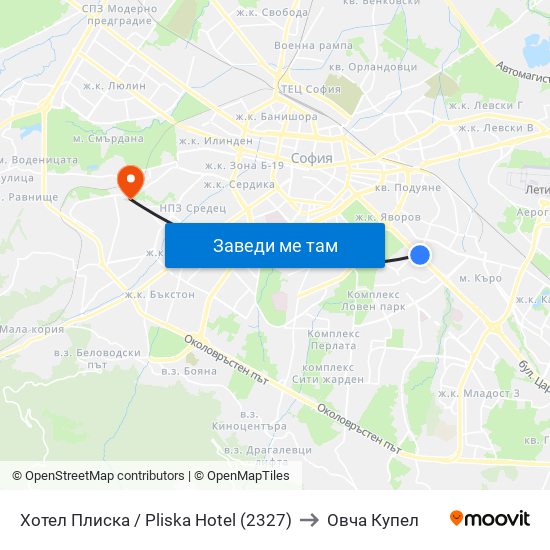 Хотел Плиска / Pliska Hotel (2327) to Овча Купел map