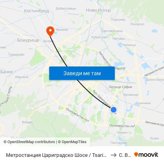 Метростанция Цариградско Шосе / Tsarigradsko Shosse Metro Station (1016) to С. Волуяк map