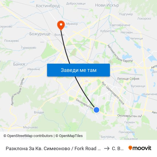 Разклона За Кв. Симеоново / Fork Road To Simeonovo Qr. (1458) to С. Волуяк map