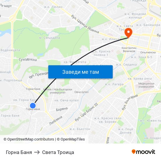 Горна Баня to Света Троица map