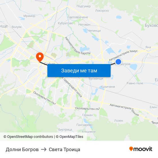 Долни Богров to Света Троица map